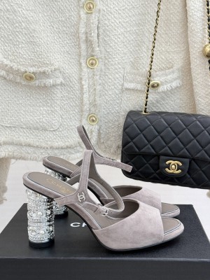 Chanel Sandals Suede Kidskin, Imitation Pearls, Strass & Metal Light Gray G46097 heel 8.5cm 2025
