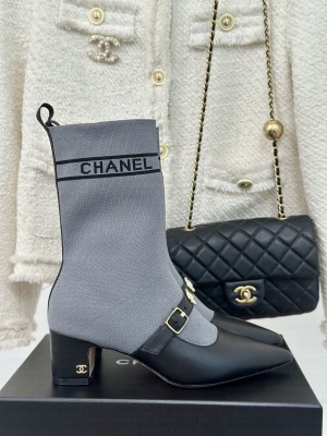 Chanel Knit Ankle Boots With Charm Buckle Strap Gray