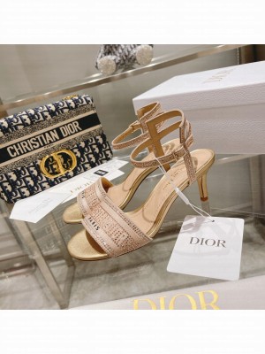 DIOR HEEL 6.5CM DWAY SANDALS IN COTTON EMBROIDERED WITH THREAD AND STRASS GOLD 2022 COLLECTION