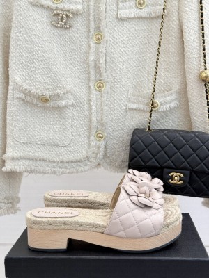 Chanel Calfskin Platform Slides Sandal 4cm with Camellia pale pink 2025