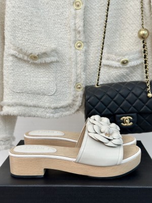 Chanel Calfskin Heel Slides Sandal 4cm with Camellia Bloom 05
