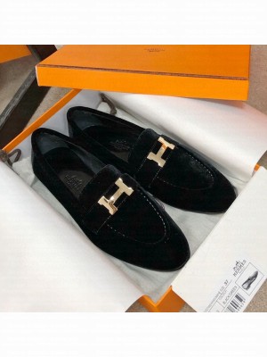 Hermes Paris Suede Flat Loafers Black 2020 Collection