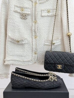 Chanel Quilted Denim Ballet Flats with Chain Bow Black 2025