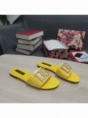 DOLCE & GABBANA CALFSKIN SLIDERS DG CRYSTAL LOGO 2022 YELLOW
