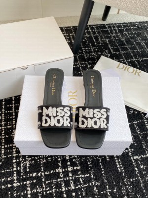Dior Dway Heeled Slide Embroidered Cotton and Black Miss Dior Allover Motif