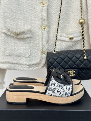 Chanel Calfskin Heel Slides Sandal 4cm with Camellia Bloom 010