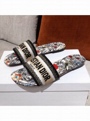 Dior Dway Flat Slide Sandals in Multicolor Mille Fleurs Embroidery Spring/Summer 2021 Collection