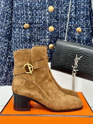 Hermes Jill 60 ankle boot in suede calfskin golden Glenan buckle brown