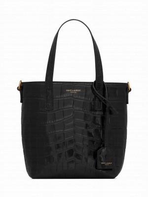Saint Laurent Paris Mini Toy Shopping In Crocodile-Embossed Leather Black