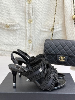 Chanel Fabric Trim Bow Heel 8cm Sandals 2025 Black