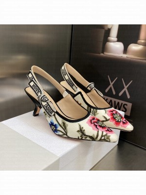 Dior J'Adior Slingback Pumps 6.5cm in White Multicolor Cotton Embroidered with Petites Fleurs Motif 2023