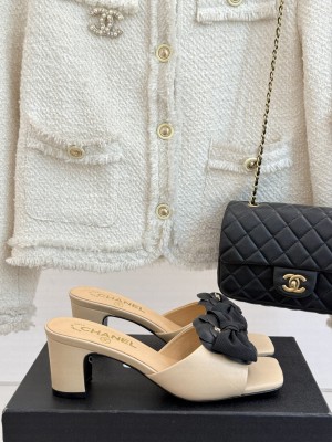 Chanel Lambskin Camellia Bow Heel Slides Mule Beige 2025 