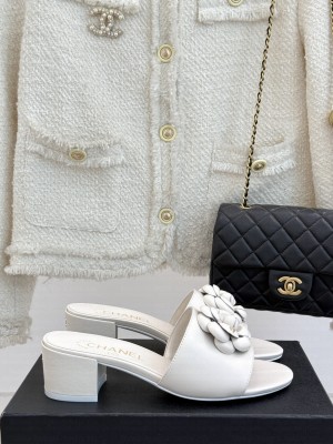 Chanel Lambskin Heel Slides Sandal 5cm with Camellia White 2025