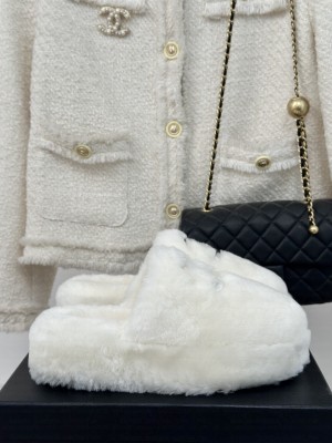 Chanel Wool Platform Slide Mules 2024 White
