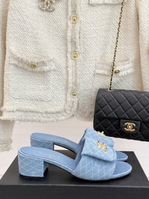 Chanel Quilted Denim Heel Slides Sandal 5cm with Foldover G45474 Light Blue 2025