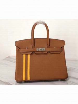 Hermes yellow Striped Birkin 25 Bag in original togo Leather Brown