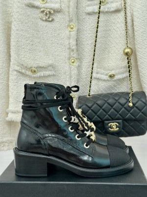 Chanel Calfskin, Grosgrain, Imitation Pearls, Strass & Metal  G45856 Combat  Ankle Boots Black