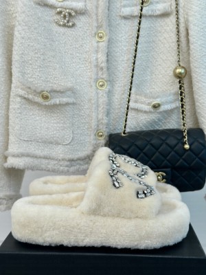 Chanel Wool Platform Rhinestone CC Logo Slide Mules 2024 White