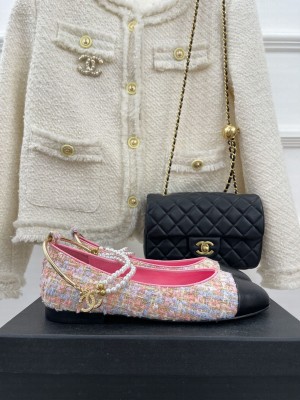 Chanel Tweed Ballerinas with Pearls G38986 Pink 2023 Collection