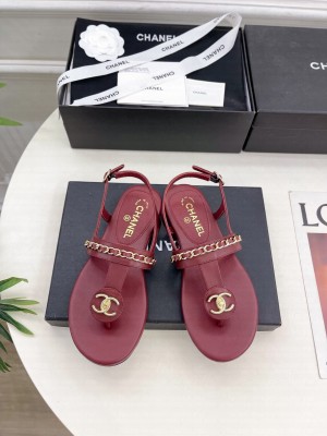 Chanel Flat  Thong with Chain Sandals Burgundy 2025 