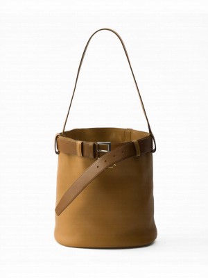 Prada Buckle Leather Bucket Bag With Belt 1BE085 Coffee