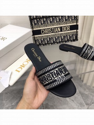 Dior Dway Slide With Blue Crystal Embroidered Cotton Black 2022 Collection
