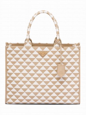 Prada Large Prada Symbole Embroidered Fabric Handbag 1BA356 Cream