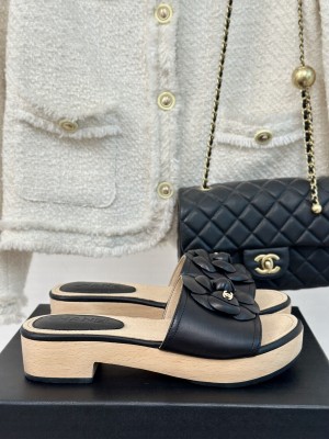 Chanel Calfskin Heel Slides Sandal 4cm with Camellia Bloom 06 