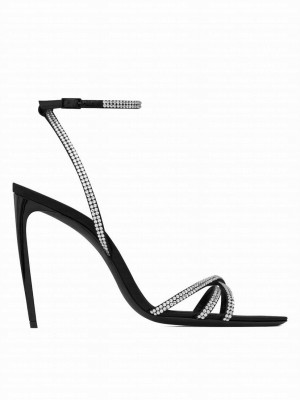 Saint Laurent Women's AVA Crystal Crepe Satin Sandals Black