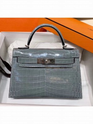 Hermes Mini Kelly II Handbag in Glossy Real Alligator Leather Grey (Handmade) Collection