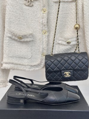 Chanel Slingback Lambskin & Patent Leather Black Flat 2025