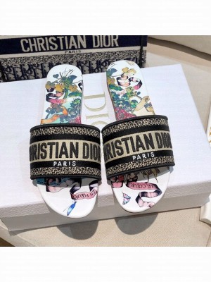 Dior Dway Flat Slide Sandals in Black Embroidered Cotton Spring/Summer 2021 Collection 37