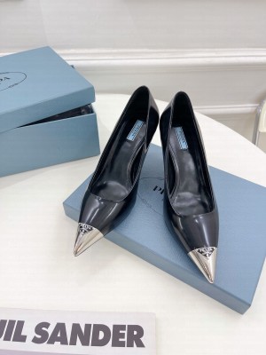 Prada Brush Leather Pumps 7.5cm with Metal Logo 2022 Collection,Black