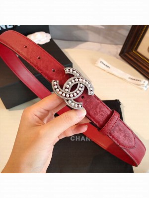 Chanel Grianed Calfskin Belt 30mm with Pearl CC Buckle Red 2019 Collection