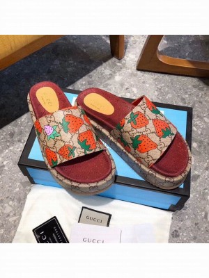 Gucci GG Strawberry Canvas Platform Slide Sandal 573018 Beige 2021 Collection