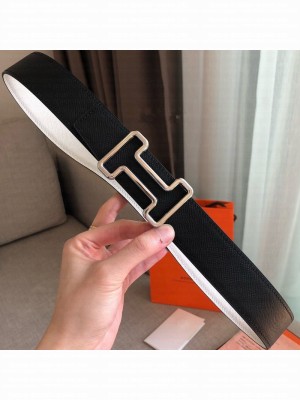 Hermes Tonight Reversible Leather Buckle Belt 38mm Black/White/Silver 2019 Collection