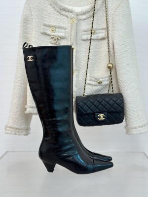 Chanel Women's 5cm CC Logo Patent Leather Black Hight Boots 