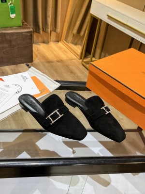 Hermes Velvet Buckle Flat Slide Sandals Black 2022 Collection