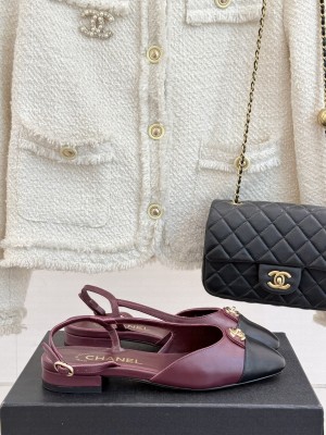 Chanel Lambskin cc Metal slingback Flats sandals Burgundy 2025