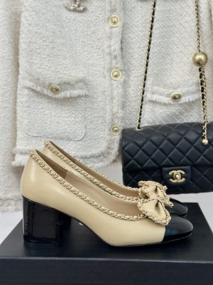 Chanel Women's 6.5cm Heel Chain Around And Bow Lambskin Leather Pumps Beige