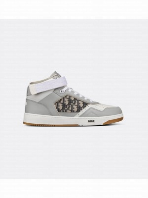 Christian Dior  B27 High-Top Sneaker Gray and White Smooth Calfskin with Beige and Black Dior Oblique Jacquard