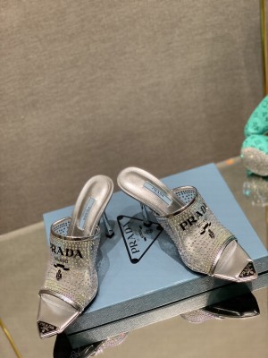 Prada TPU High Heel Mules 10cm with Crystal Studs 2022 Collection,Silver