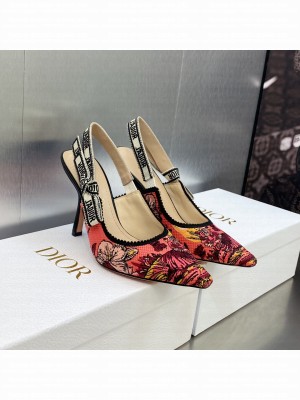Dior J'Adior Slingback 9.5cm Pump Pink Multicolor Embroidered Cotton with Toile de Jouy Voyage Motif