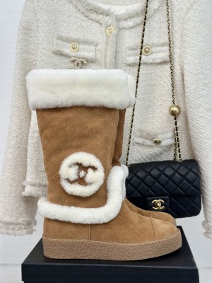 Chanel Quilting Shearling Snow Boots 2024 Brown