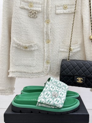 Chanel Printed Canvas Pillow Flat Slides Sandal Green 2025