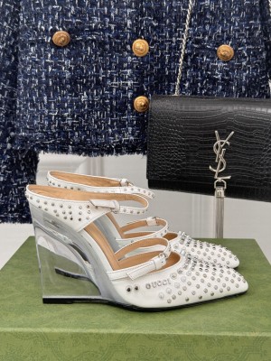 Gucci Women's 10cm White Shiny Leather With Allover studs 827856 Wedge Mule 2025