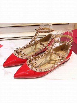 Valentino Rockstud Caged Ankle Strap Ballet Flats Ballerinas in Patent Leather Red