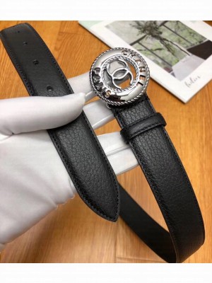 Chanel Width 3cm CC Logo Round Buckle Leather Belt Black/Silver