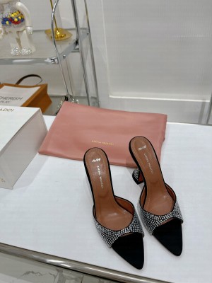 Amina Muaddi Caroline Crystal 9.5cm Slide Satin Mule Sandal Black