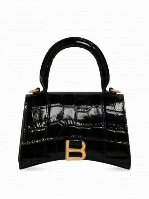 Balenciaga Hourglass Mini Handbag With Chain Crocodile Embossed Black